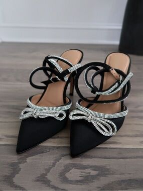 Express Black & Silver Glitter Strappy Heels | Satin Bow Pumps | Women's Size 9